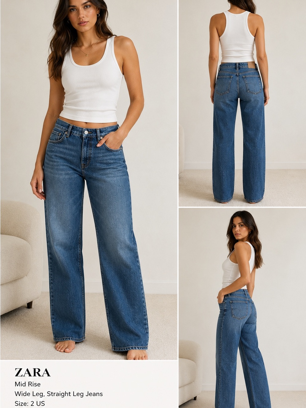 ZARA Mid-Rise Wide-Leg Jeans in Blue Denim